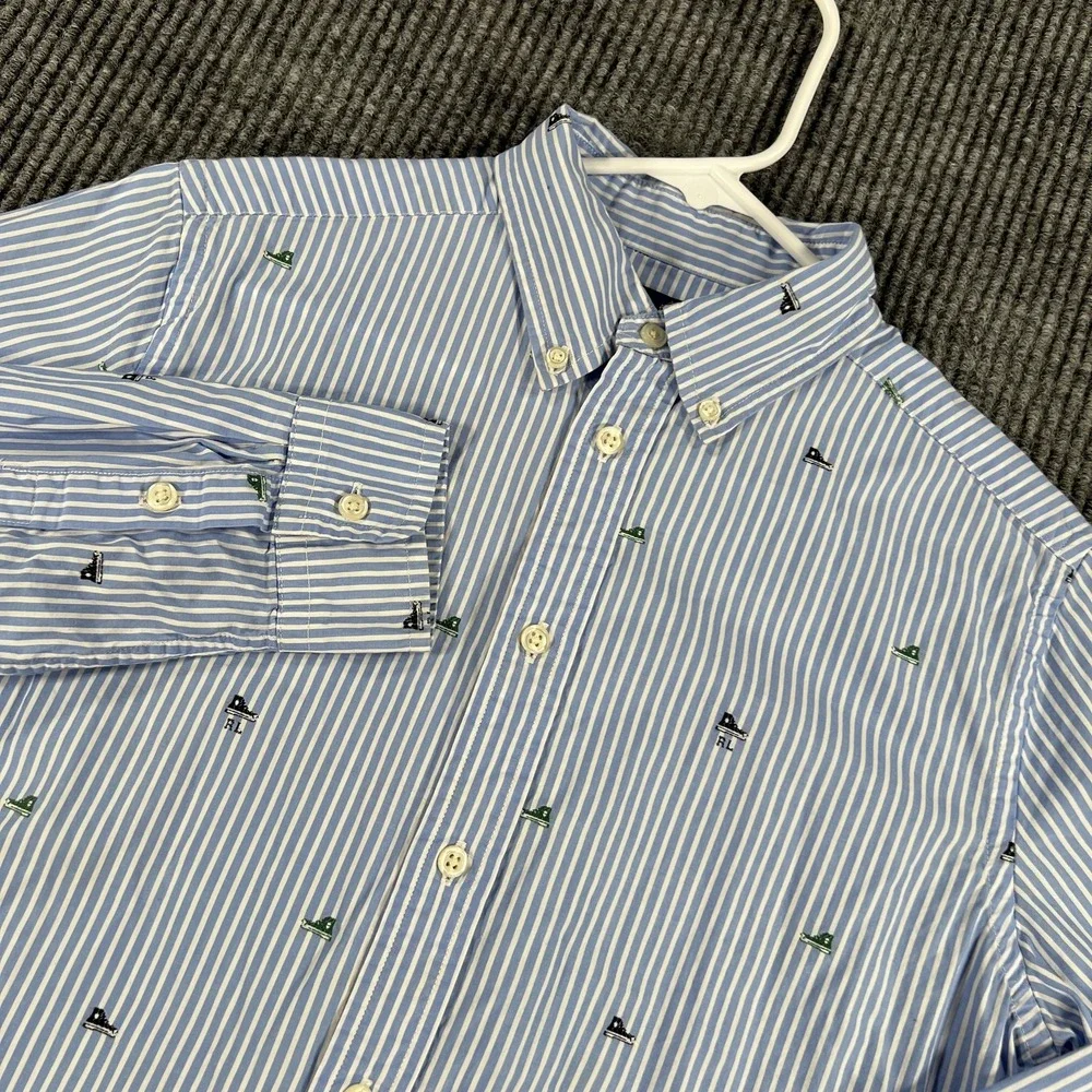 Ralph Lauren Shirt Boys Large 14-16 Blue White Striped Button Down Flag Preppy
